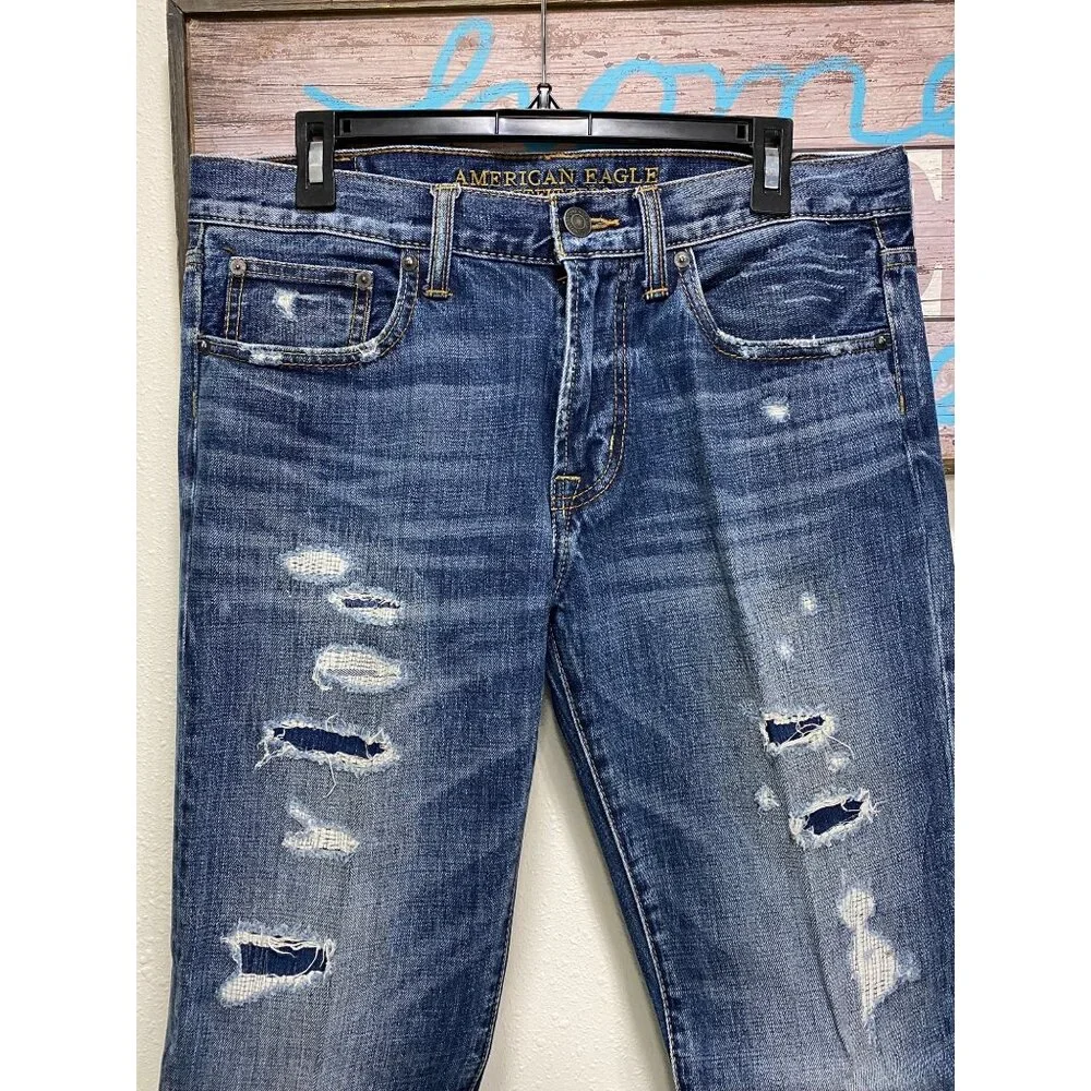 American Eagle Outfitters Men’s Original Straight Jeans 32x32 Distressed Blue - Picture 3 of 15